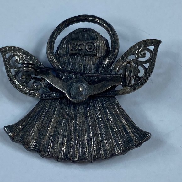 Angel Pin Brooch KC Dark Silver Tone Blue Stones Floral Accent Rhinestone Metal - Picture 7 of 12